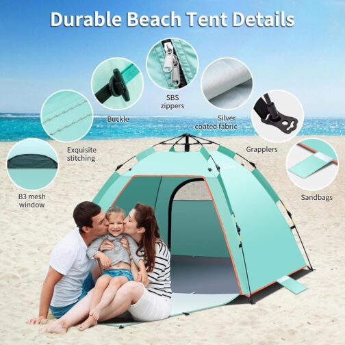 Yafaca Beach Shelter, 1-3 Person Automatic Pop Up Tent, Large UV Protection 50+ Sun Protection, Portable, Two Doors, Lightweight Pop Up Beach Tent for Garden, Fishing, Picnic – Bild 5