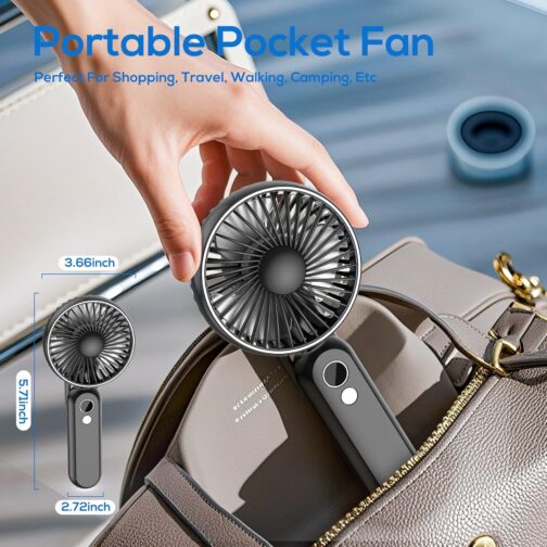 CNMTCCO Handheld Fan, Mini Portable Fan, Rechargeable, Foldable USB Fan with 5 Speed Levels, Quiet Small Personal Fan with Power Bank (Black) – Bild 4