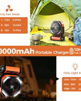 Camping Fan with Light – 20000mAh Rechargeable Battery Fan, 112 Hours Max Runtime, 9 Speeds, Digital Display, Timer, Automatic Oscillation, 270° Swivel & Hook for