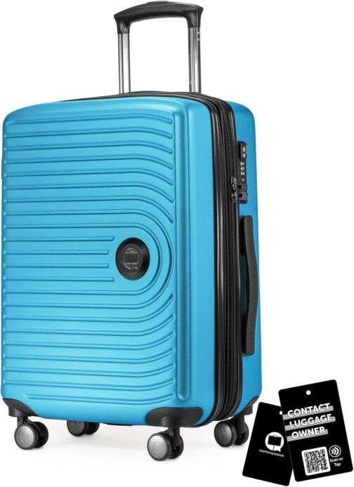 Hauptstadtkoffer Mitte - Set of 3 Suitcases + Digital Luggage Tag - Travel Trolleys (S-M-L) + Luggage Tag with QR Code, 4 Double Wheels, Hard Shell ABS, XL Volume Expansion, TSA, Cyan blue, 55 cm