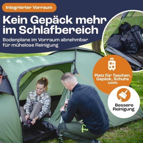 TENTZONE Dome 01, Waterproof 4000 mm, 2-3 Person Camping Tent, Entrance Room with Removable Groundsheet, Ventilation Holes, Green – Bild 3