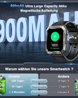 Men’s Military Smartwatch, 100 Day Battery Life, LED Torch, Compass, 2 Straps, IP68 Waterproof, 100+ Sports Modes, Sports Watch, Make Calls/Receive Smartwatch Outdoor Fitness Watch for Android iOS