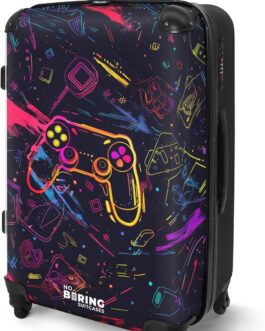 NoBoringSuitcases.com® Children’s Suitcase, Hand Luggage, Hard Case with TSA Lock, Boys and Girls, Trolley, Travel Suitcase, Carry on, Rolling Suitcase, Small or Medium, Gaming – Neon, Suitcase