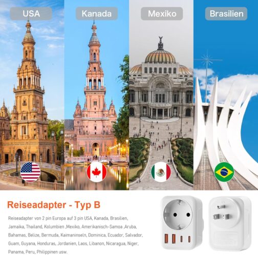USA Adapter Socket, 5-in-1 Adapter USA Germany Plug with 1 AC 2 USB-C 2 USB-A (3.4 A), 3750 W Travel Adapter USA Adapter, EU to US Adapter for America, Canada, Thailand, Mexico (White/Type B) – Bild 6
