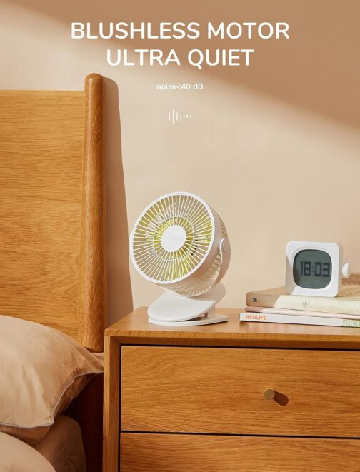 JISULIFE Mini USB Fan, Clip Battery Table Fan, Very Quiet, Small with 4000 mAh Battery, 4 Speed Levels, Max 14 Hours for Bed, Desk, Crib, Pram, Car Seat - White – Bild 5
