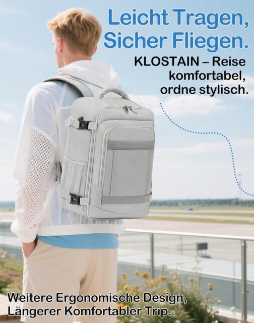 KLOSTAIN Hand Luggage Backpack for Ryanair Small Hand Luggage Backpack Airplane Travel Backpack Bag Laptop Backpack for Men and Women, lightgrey, Fashionable – Bild 6