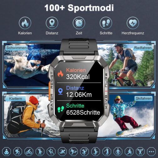 Men's Military Smartwatch, 100 Day Battery Life, LED Torch, Compass, 2 Straps, IP68 Waterproof, 100+ Sports Modes, Sports Watch, Make Calls/Receive Smartwatch Outdoor Fitness Watch for Android iOS – Bild 4