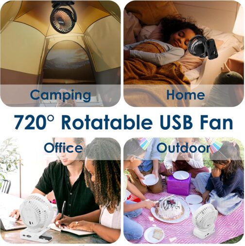 Simpeak 8000 mAh Camping Fan Table Fan, Mini USB Fan Quiet, Clip Fan with Remote Control and LED Light [3 Speeds] [720° Rotation] - White – Bild 6