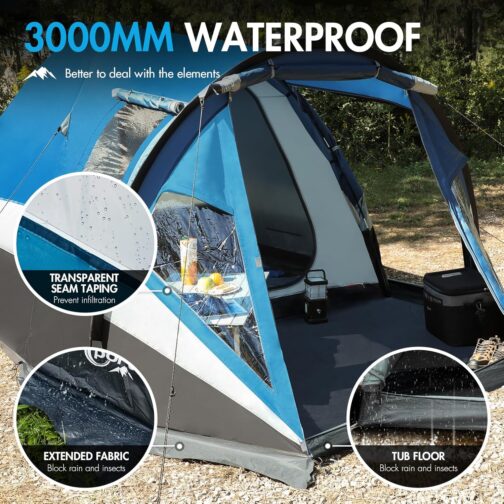 Portal Tent 3-4 Person Standing Height Camping Dome Tent XL with Porch Side Door & Window 3-4 Season 3000 mm Waterproof for Outdoor Festival Family – Bild 2