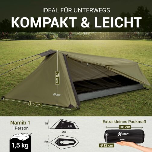 EXPLORER Namib 1 & 2 Person Tent Small Pack Size Ultralight for Bicycle or Motorcycle Travel 1-2 People 3000 mm Hydrostatic Head with Separate Inner Tent Hiking Trekking Camping – Bild 3
