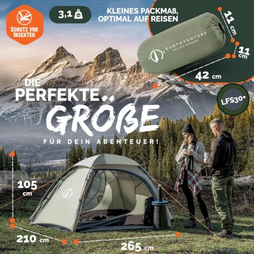EARTHVENTURE® Camping Tent for 2 People - Waterproof, Quick & Easy Assembly - Ultralight with Small Pack Size - For Outdoor, Festival, Trekking & Motorcycle – Bild 3
