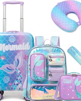 5-Piece Children’s Suitcase, Children’s Trolley with Backpack, Neck Pillow, Lunch Bag, Pencil Case & Suitcase Tag, Children’s Luggage with Wheels, Hand Luggage, Travel Suitcase, Hard Case for Girls