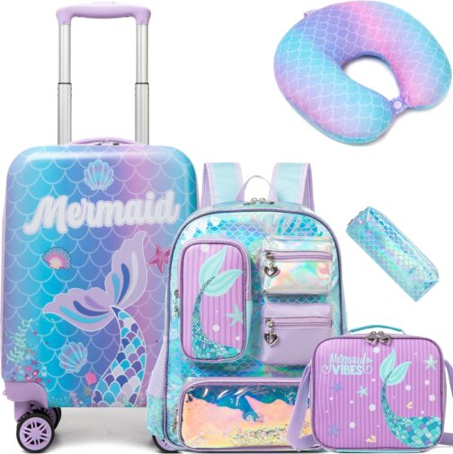 5-Piece Children's Suitcase, Children's Trolley with Backpack, Neck Pillow, Lunch Bag, Pencil Case & Suitcase Tag, Children's Luggage with Wheels, Hand Luggage, Travel Suitcase, Hard Case for Girls