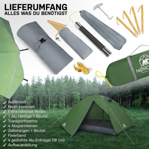 NORDBÄR® Ultralight and Waterproof Tent for 1-2 or 3-4 People Outdoor Tent for Camping, Trekking or Festival Trekking Tent, Camping Tent, Hiking Tent – Bild 5