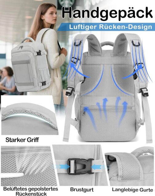 KLOSTAIN Hand Luggage Backpack for Ryanair Small Hand Luggage Backpack Airplane Travel Backpack Bag Laptop Backpack for Men and Women, lightgrey, Fashionable – Bild 5