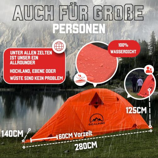 GOALPINE® Zelte für 1 & 2 große Personen | wasserdicht 4000mm | kleines Packmaß | zum Wandern, Bergtouren & Bikepacking | Ultraleicht | 3-4 Jahreszeiten | schneller aufbau – Bild 3