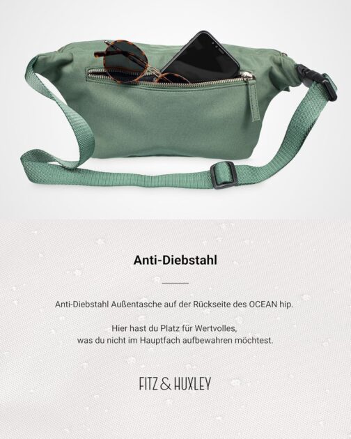 Fitz & Huxley Ocean Hip Bum Bag Made of Recycled Ocean Plastic - Crossbody & Shoulder Bag for Men and Women - Water-Repellent, Sustainable, Stylish - Belt Bag with Anti-Theft Compartment, agave – Bild 6